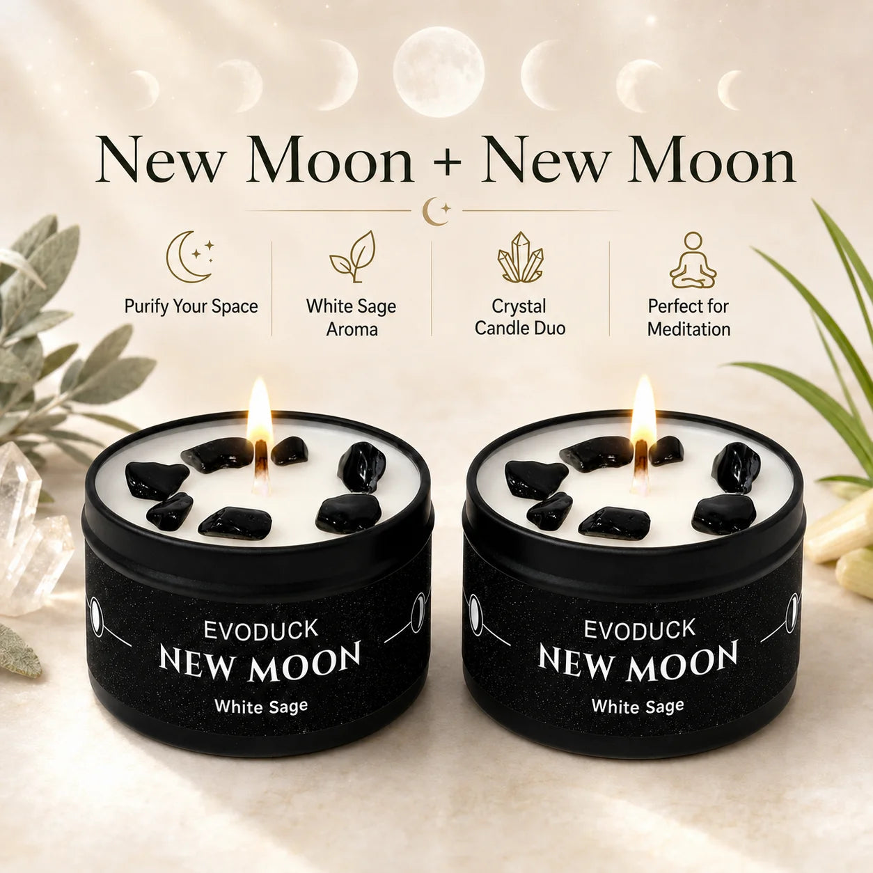 1pc New Moon Scented Candles Crystal Energy Candles 3oz Soy Wax Scented Candle Black Tin with Black Crystal Chips Witchcraft Rituals
