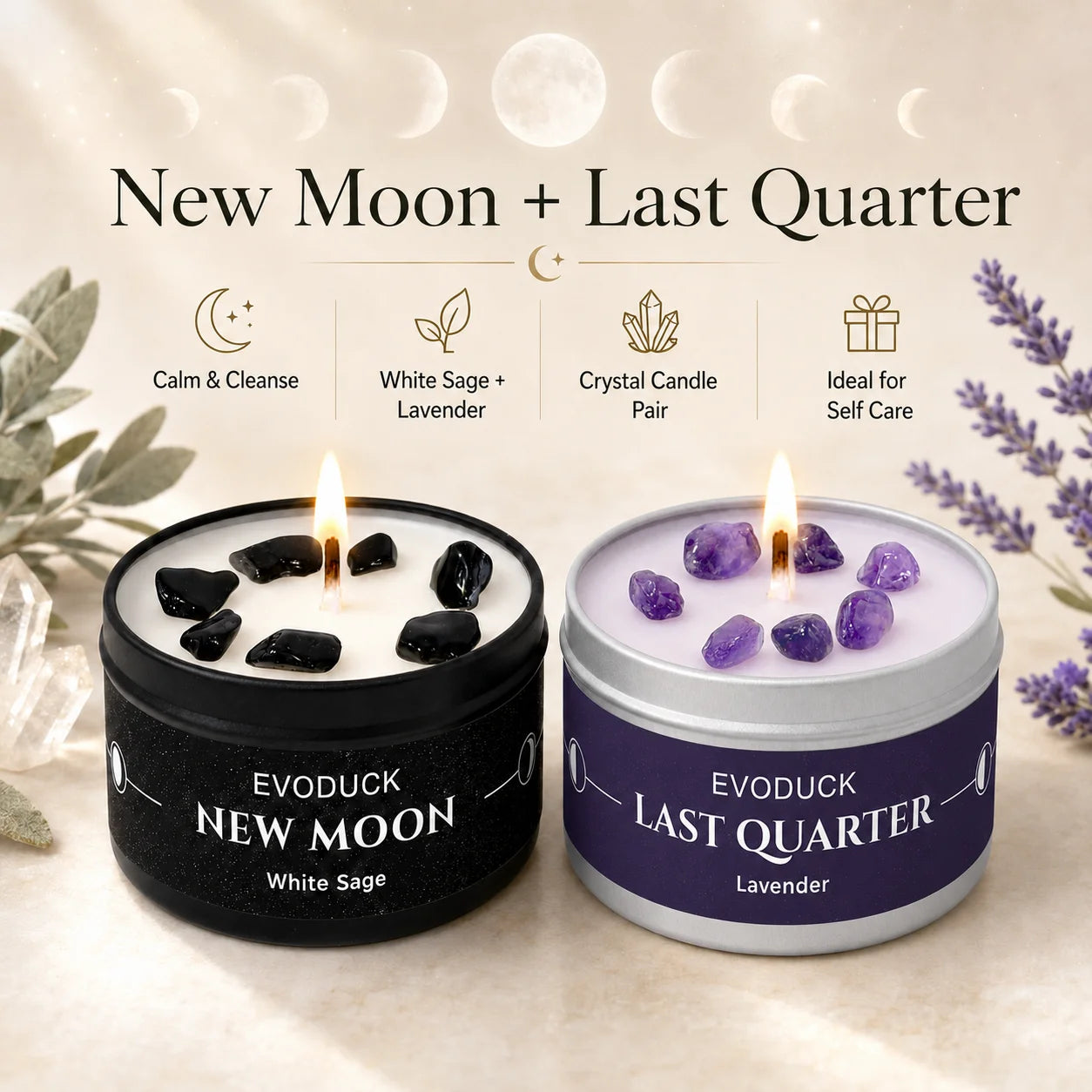 1pc New Moon Scented Candles Crystal Energy Candles 3oz Soy Wax Scented Candle Black Tin with Black Crystal Chips Witchcraft Rituals