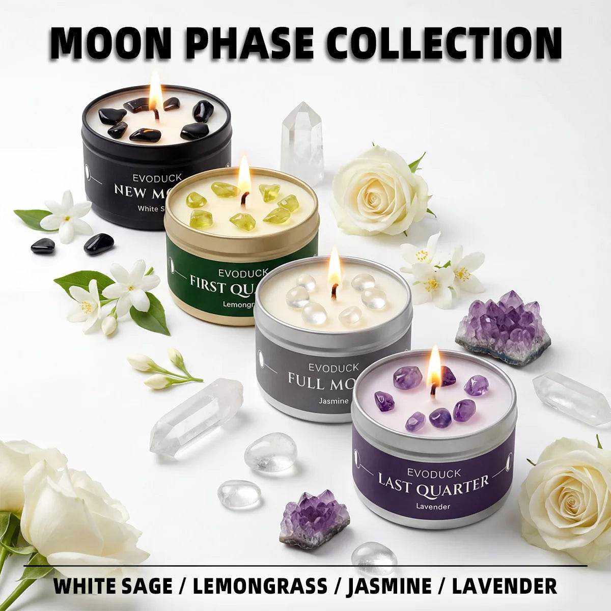 1pc New Moon Scented Candles Crystal Energy Candles 3oz Soy Wax Scented Candle Black Tin with Black Crystal Chips Witchcraft Rituals