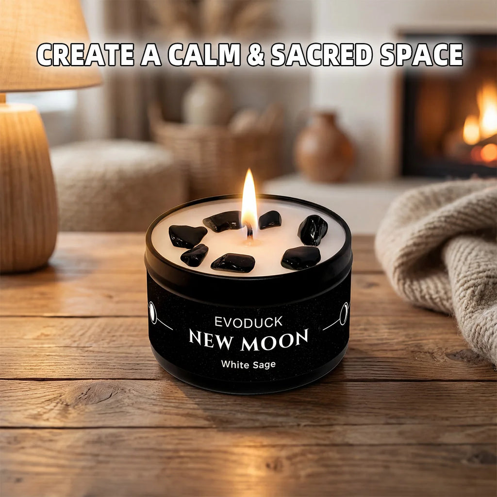 1pc New Moon Scented Candles Crystal Energy Candles 3oz Soy Wax Scented Candle Black Tin with Black Crystal Chips Witchcraft Rituals