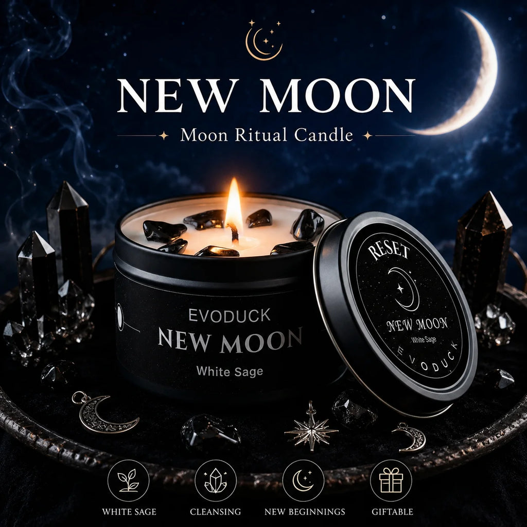 1pc New Moon Scented Candles Crystal Energy Candles 3oz Soy Wax Scented Candle Black Tin with Black Crystal Chips Witchcraft Rituals