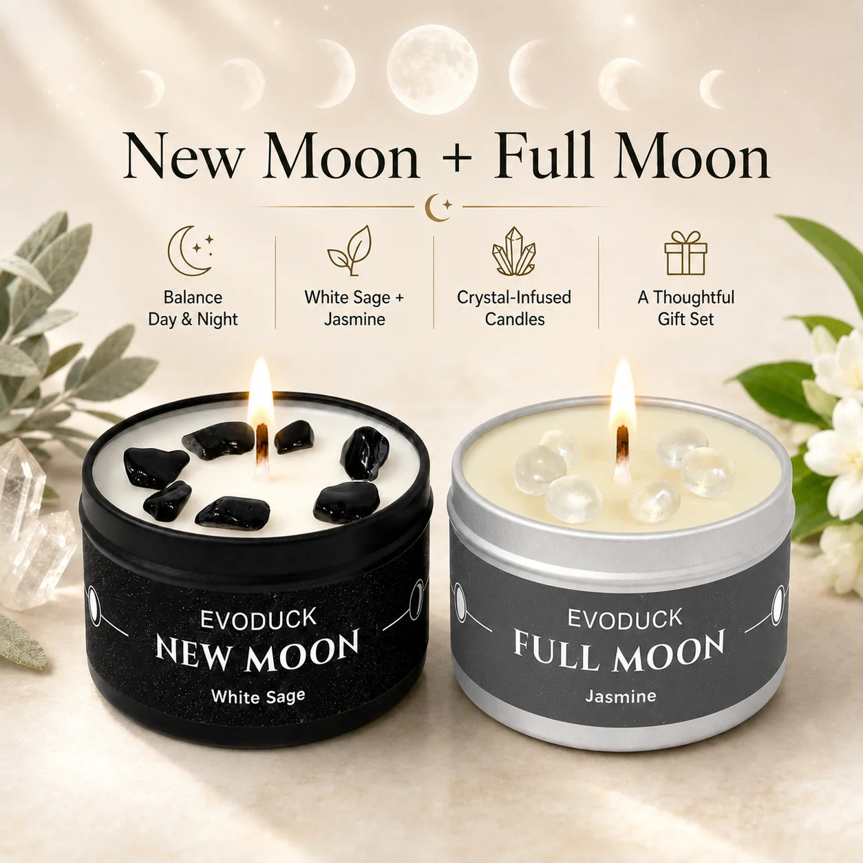 1pc New Moon Scented Candles Crystal Energy Candles 3oz Soy Wax Scented Candle Black Tin with Black Crystal Chips Witchcraft Rituals