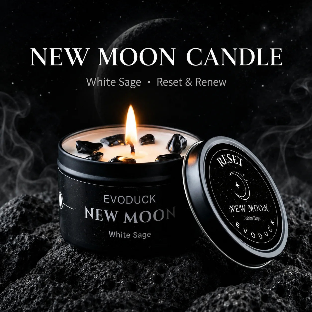 1pc New Moon Scented Candles Crystal Energy Candles 3oz Soy Wax Scented Candle Black Tin with Black Crystal Chips Witchcraft Rituals
