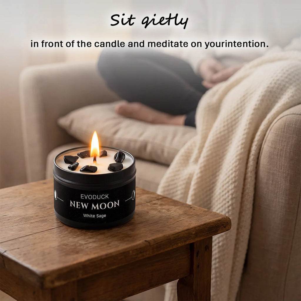 1pc New Moon Scented Candles Crystal Energy Candles 3oz Soy Wax Scented Candle Black Tin with Black Crystal Chips Witchcraft Rituals
