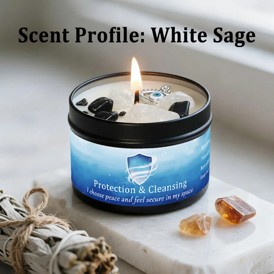 White Sage Frankincense Crystal Scented Candle Protection Cleansing Aromatherapy Meditation Room Decor Spiritual Yoga Gift 3oz
