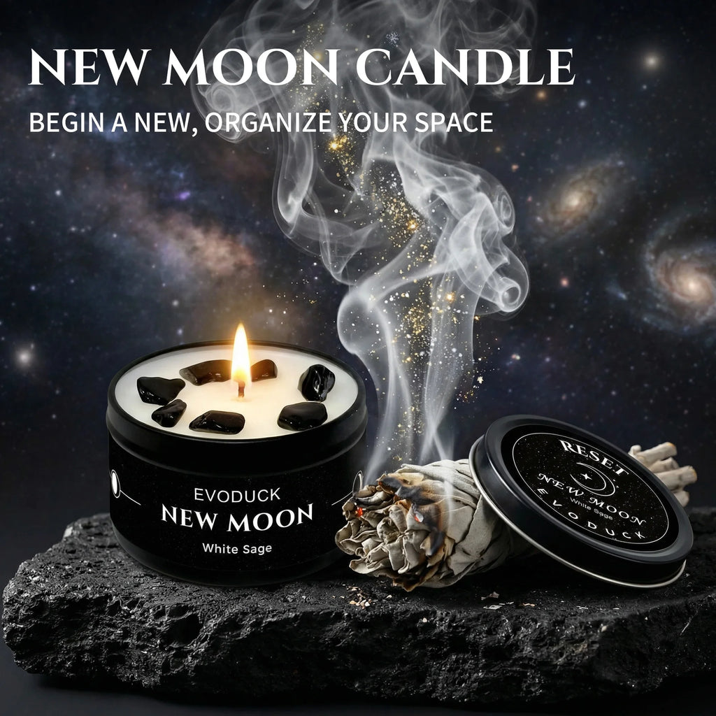 1pc New Moon Scented Candles Crystal Energy Candles 3oz Soy Wax Scented Candle Black Tin with Black Crystal Chips Witchcraft Rituals