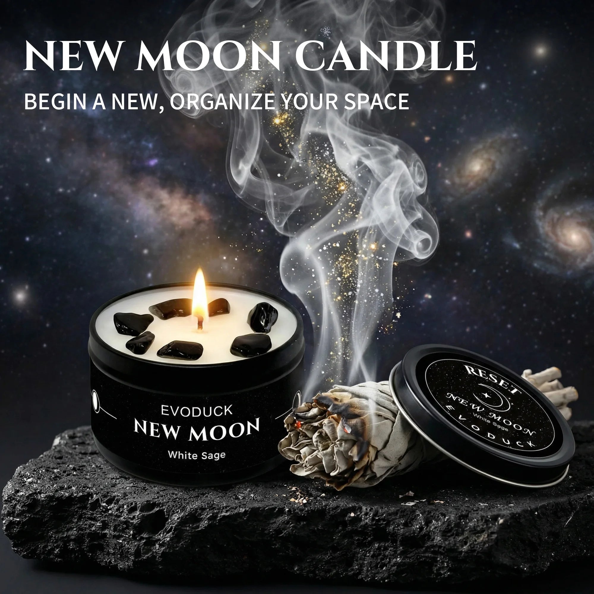 1pc New Moon Scented Candles Crystal Energy Candles 3oz Soy Wax Scented Candle Black Tin with Black Crystal Chips Witchcraft Rituals