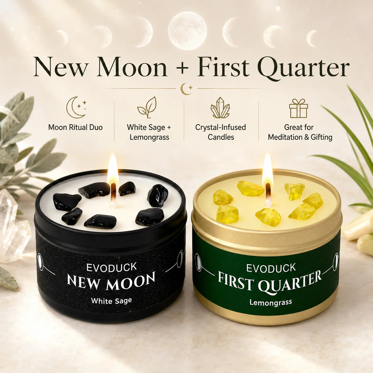 1pc New Moon Scented Candles Crystal Energy Candles 3oz Soy Wax Scented Candle Black Tin with Black Crystal Chips Witchcraft Rituals