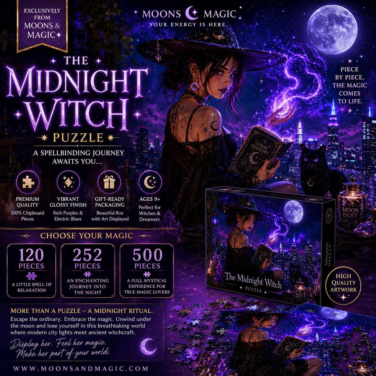 Mystic Night Witch Puzzle — Magical Cityscape Jigsaw (120/252/500 pcs)
