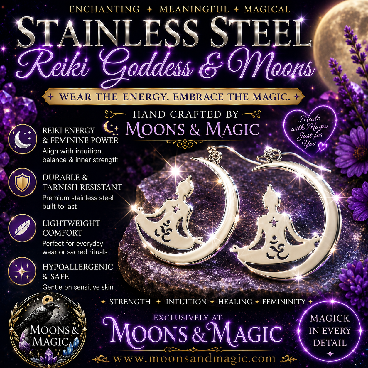 Reiki Goddess & Moons Stainless Steel Earrings ✨💜