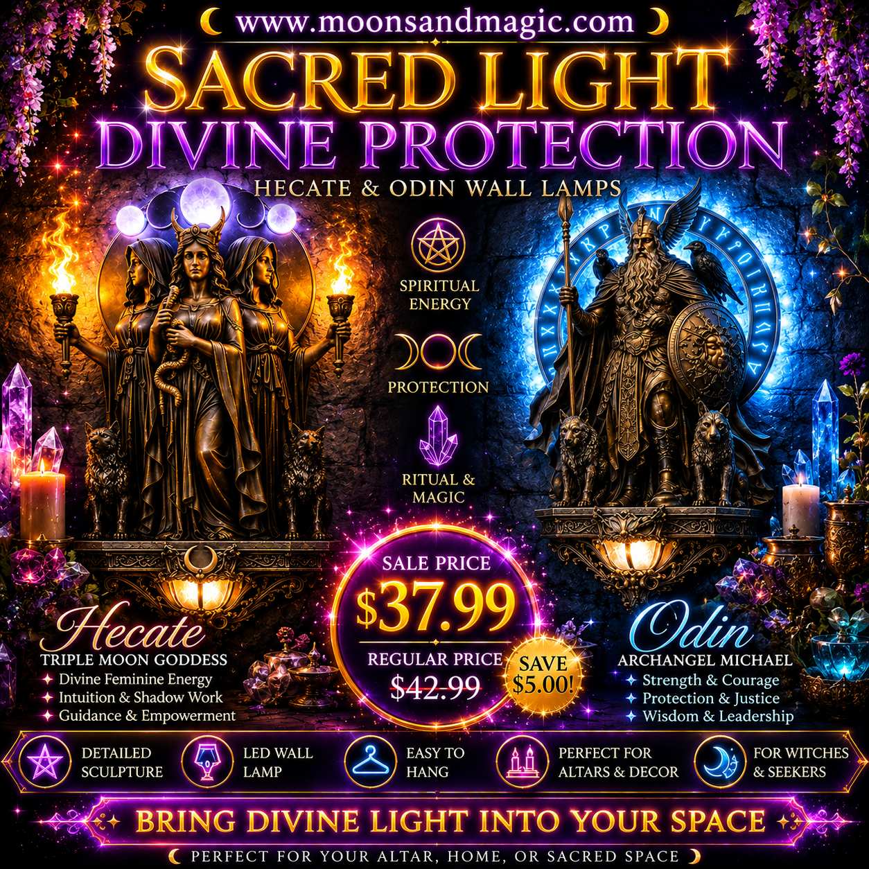 Hecate Wall Lamps - Triple Moon Goddess, Archangel Michael, Odin Statue Art Decor For Bedroom Living Room Witchcraft, Ritual