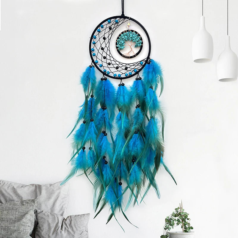 Nordic Tree Of Life Crystal Wall Hanging Dream Catcher Hand-woven with Feathers
