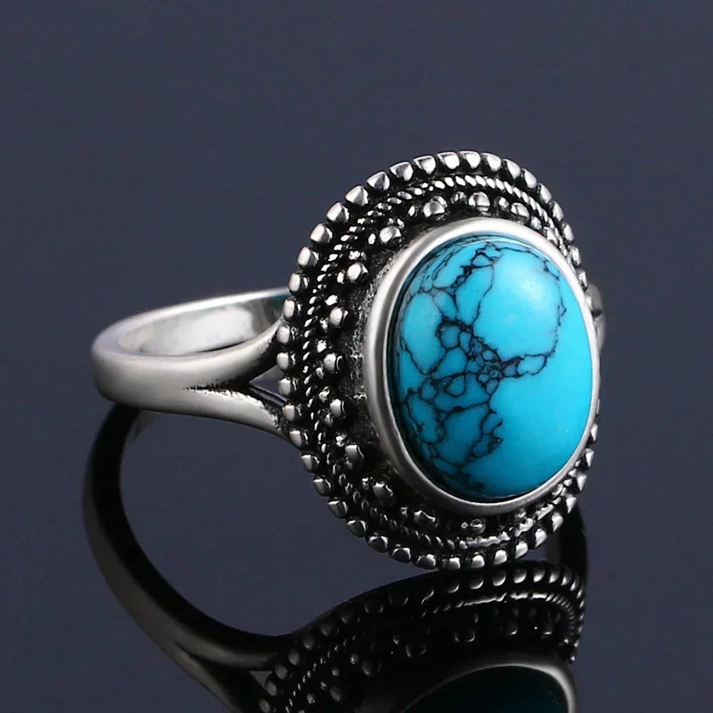 S925 Sterling Silver Vintage Ring With Natural Turquoise Stone Rings Oval and Round Shape Flower Carved Rings For Women Men