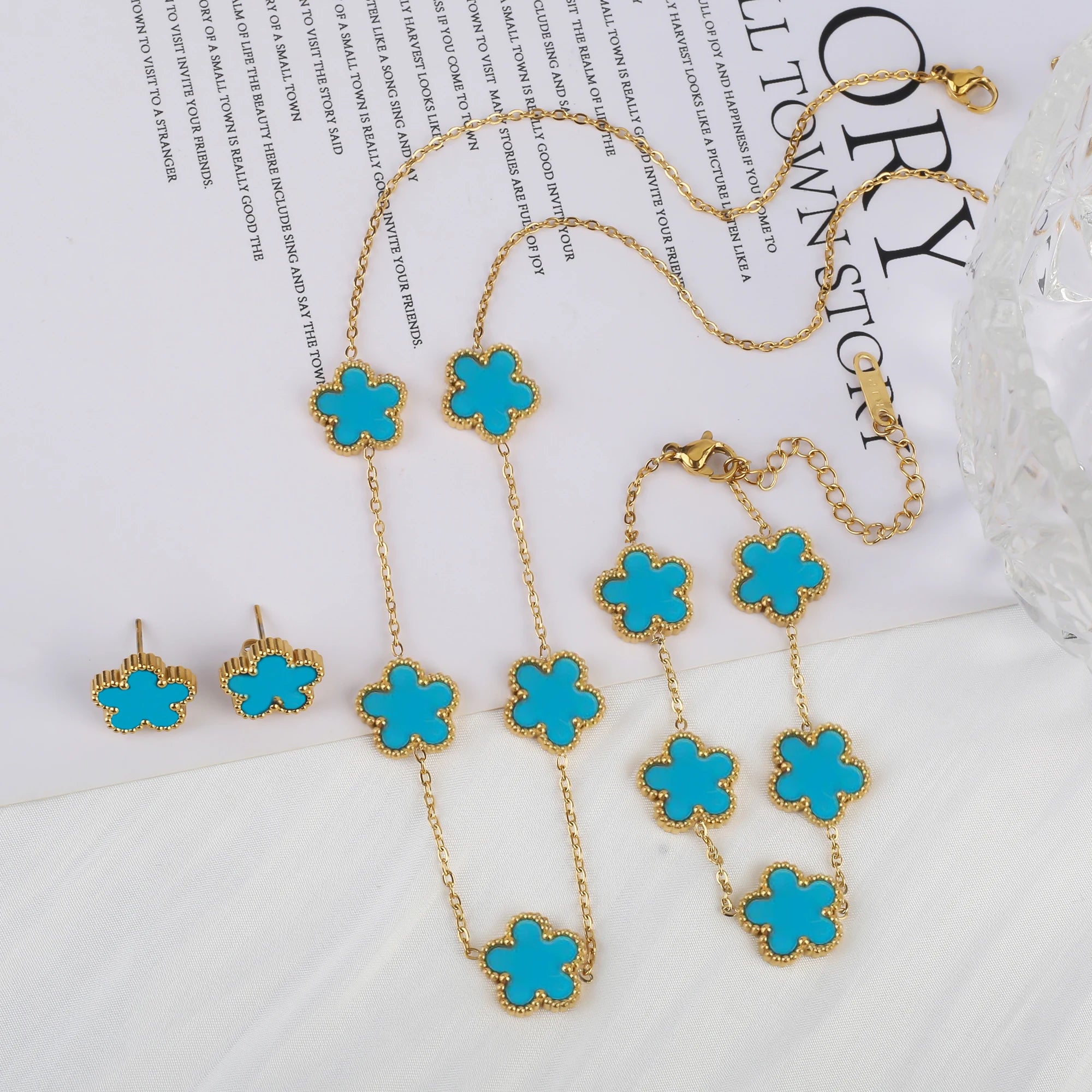 316 Stainless Steel Flower Five Leaf Necklace Bracelet Earrings 18K Gold Plated Jewelry Set
