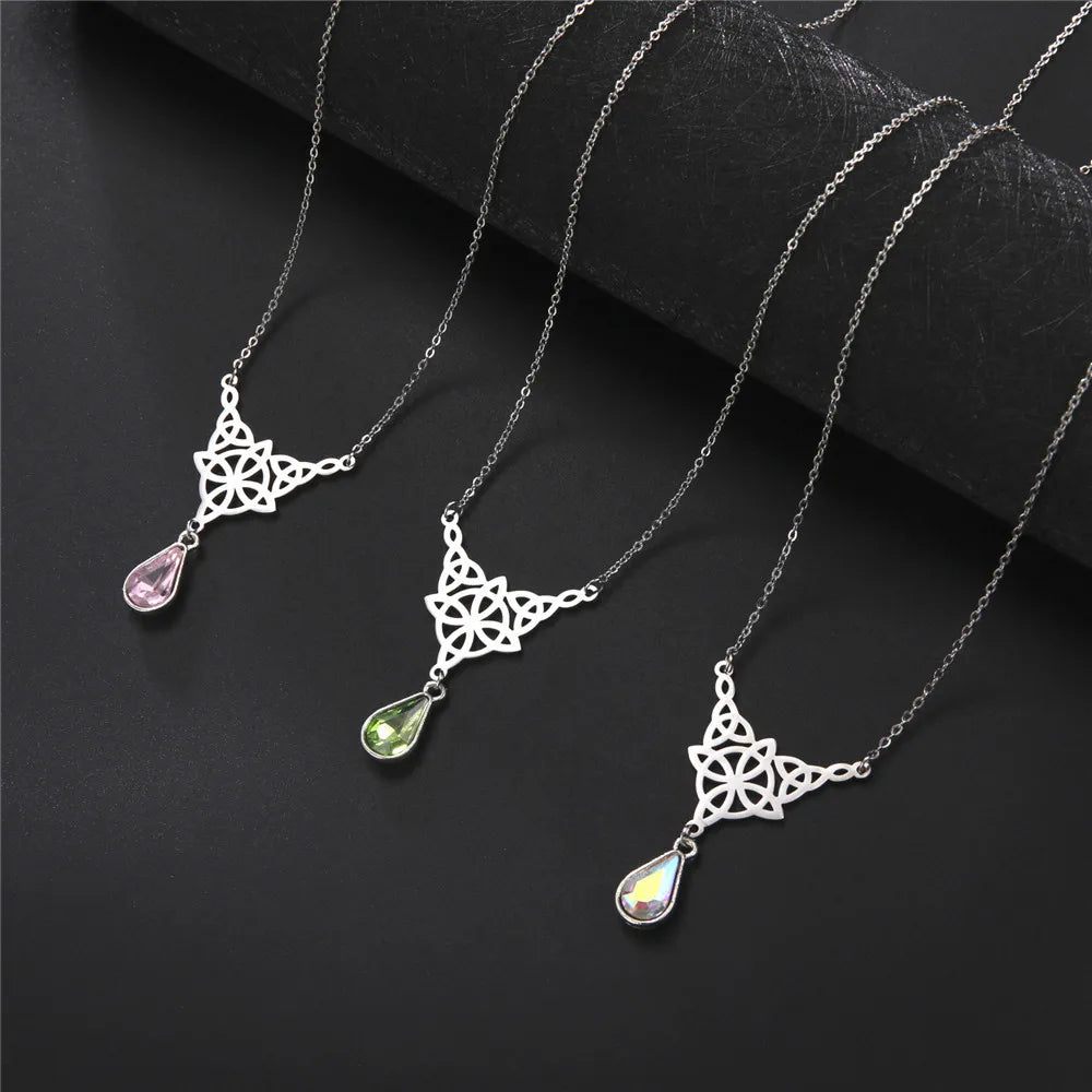 Witch Knot Necklace For Women Stainless Steel Hollow Celtic Knot Crystal Pendant Necklace