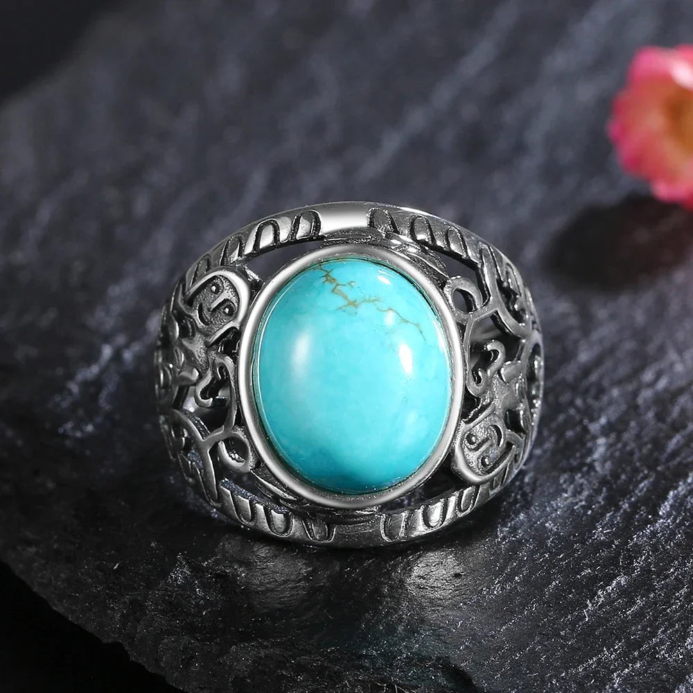S925 Sterling Silver Vintage Ring With Natural Turquoise Stone Rings Oval and Round Shape Flower Carved Rings For Women Men