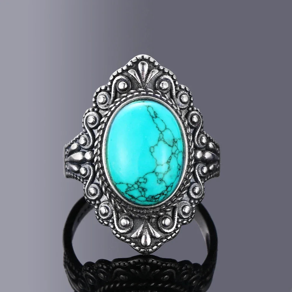 S925 Sterling Silver Vintage Ring With Natural Turquoise Stone Rings Oval and Round Shape Flower Carved Rings For Women Men