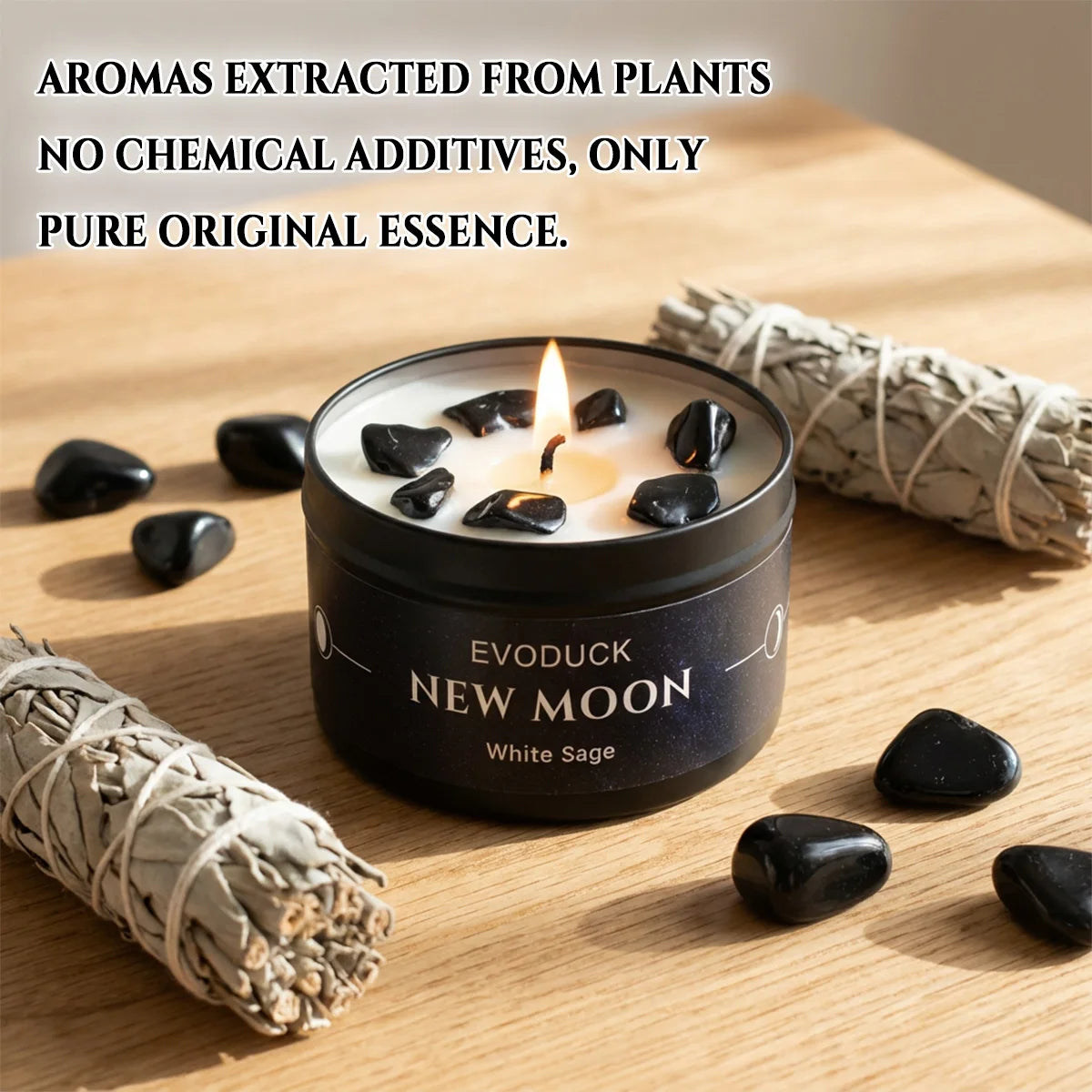 1pc New Moon Scented Candles Crystal Energy Candles 3oz Soy Wax Scented Candle Black Tin with Black Crystal Chips Witchcraft Rituals