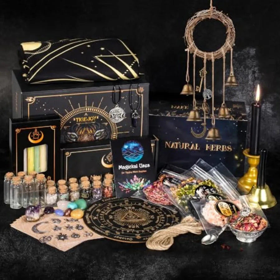 All in One Witchcraft Spell Kit 88 PCS - Include Herbs Crystals Candle Amethyst Pendulum Witch Bells Witch Rituals
