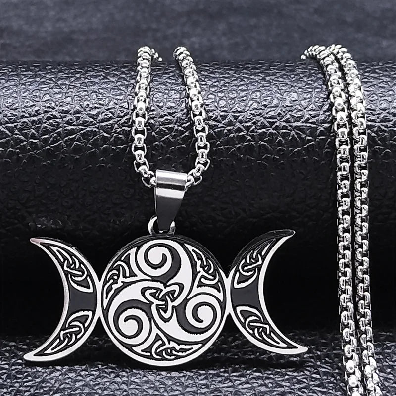 Crescent Celtic Irish Knot Necklaces Stainless Steel Witch Moon Amulet Protection with Chain Necklace
