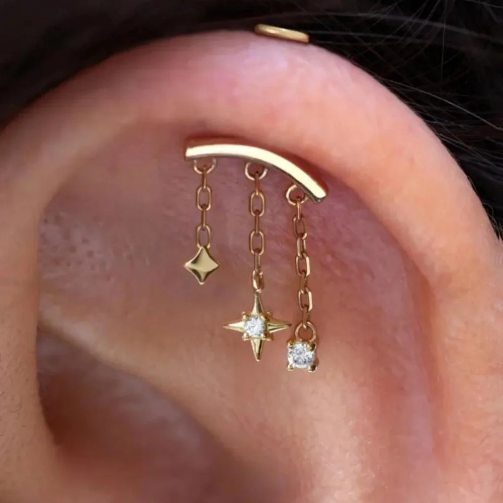 1PC 925 Sterling Silver Eight-pointed Star CZ Piercing Earring For Women Ins Tassel Chain Stud Earring Party Fine Jewelry