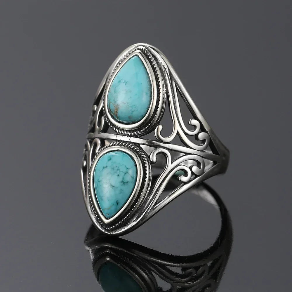 S925 Sterling Silver Vintage Ring With Natural Turquoise Stone Rings Oval and Round Shape Flower Carved Rings For Women Men