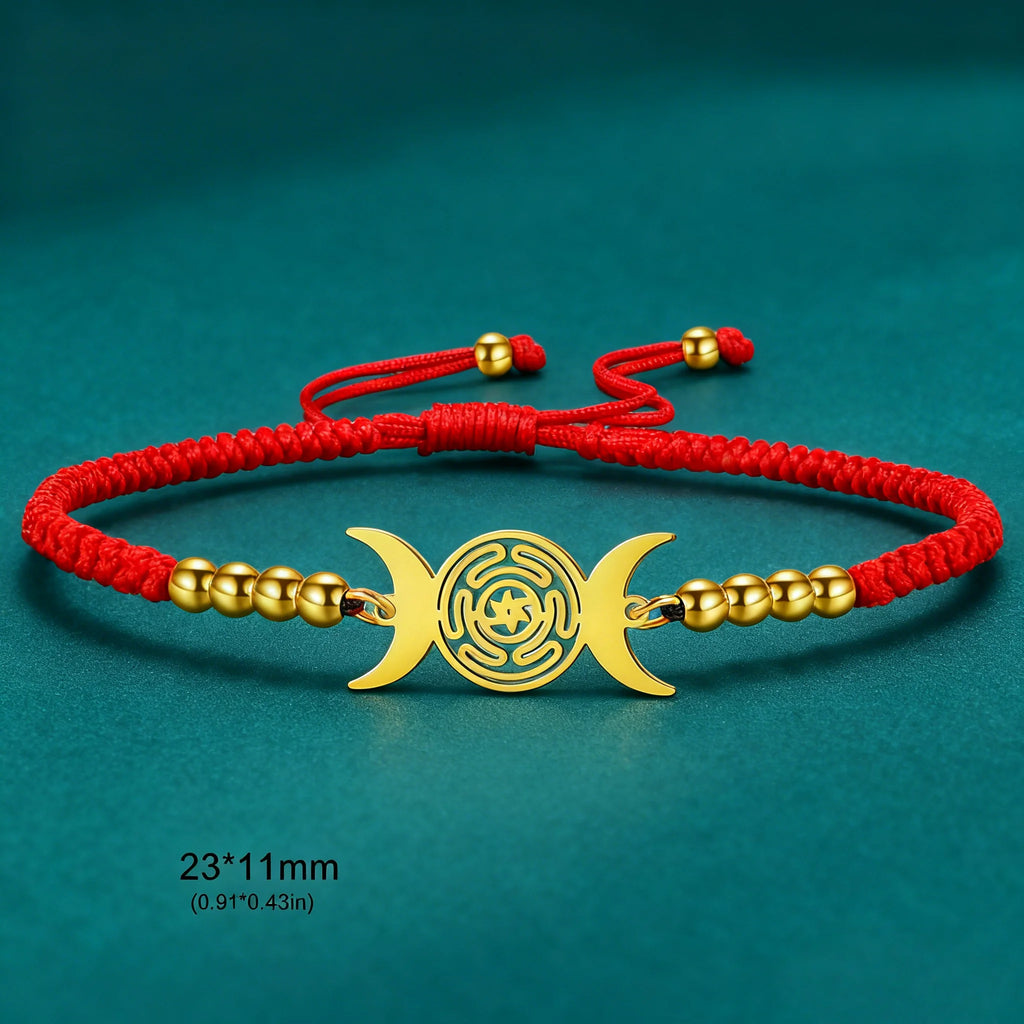 Triple Moon Goddess Bracelet for Women Hecate Wheel Adjustable Black Rope Bracelet Wiccan Pagan Jewelry Gift