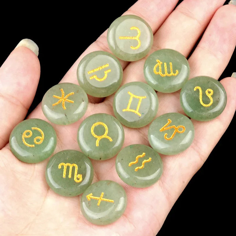 12 Constellations Themed Rune Spiritual Stones Zodiac Sign Reiki Healing Crystals Pocket Stones Natural Obsidian