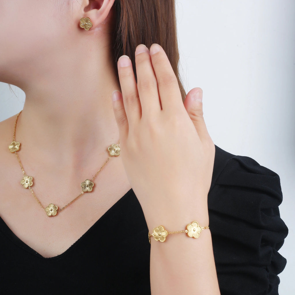 316 Stainless Steel Flower Five Leaf Necklace Bracelet Earrings 18K Gold Plated Jewelry Set
