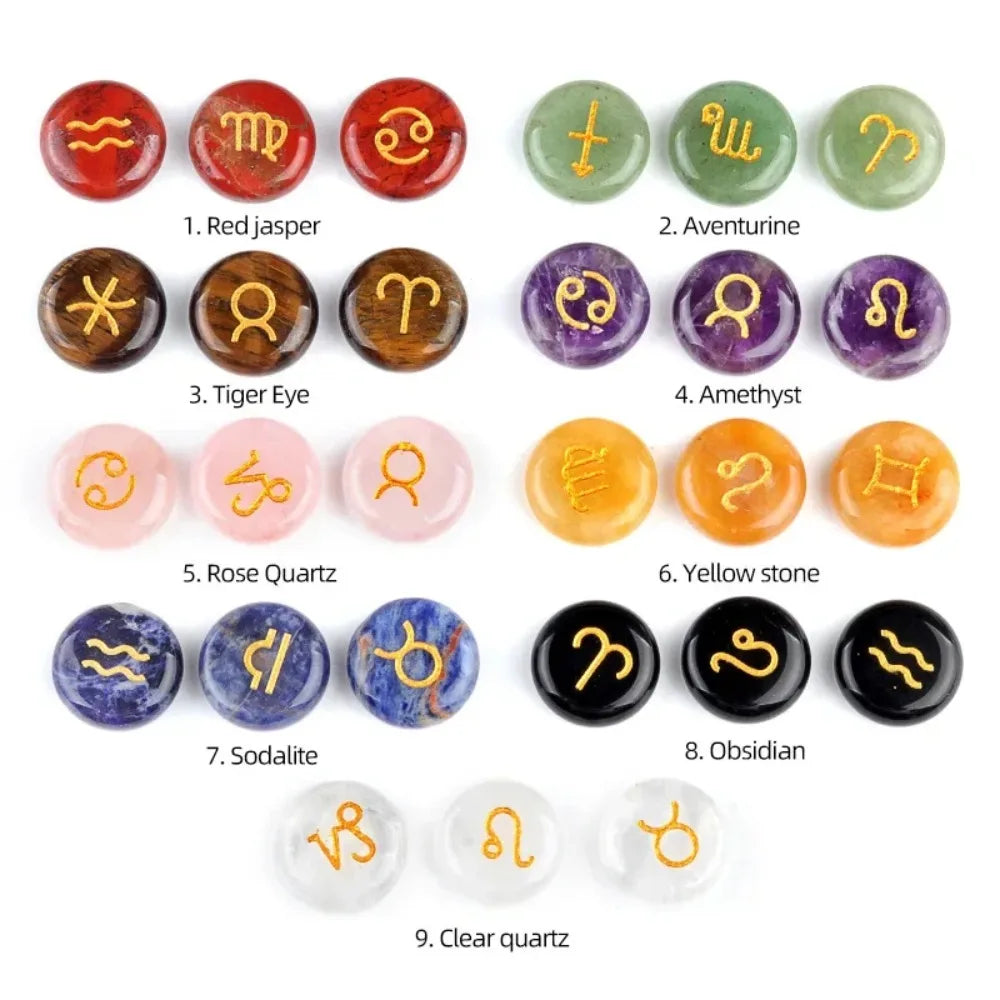 12 Constellations Themed Rune Spiritual Stones Zodiac Sign Reiki Healing Crystals Pocket Stones Natural Obsidian