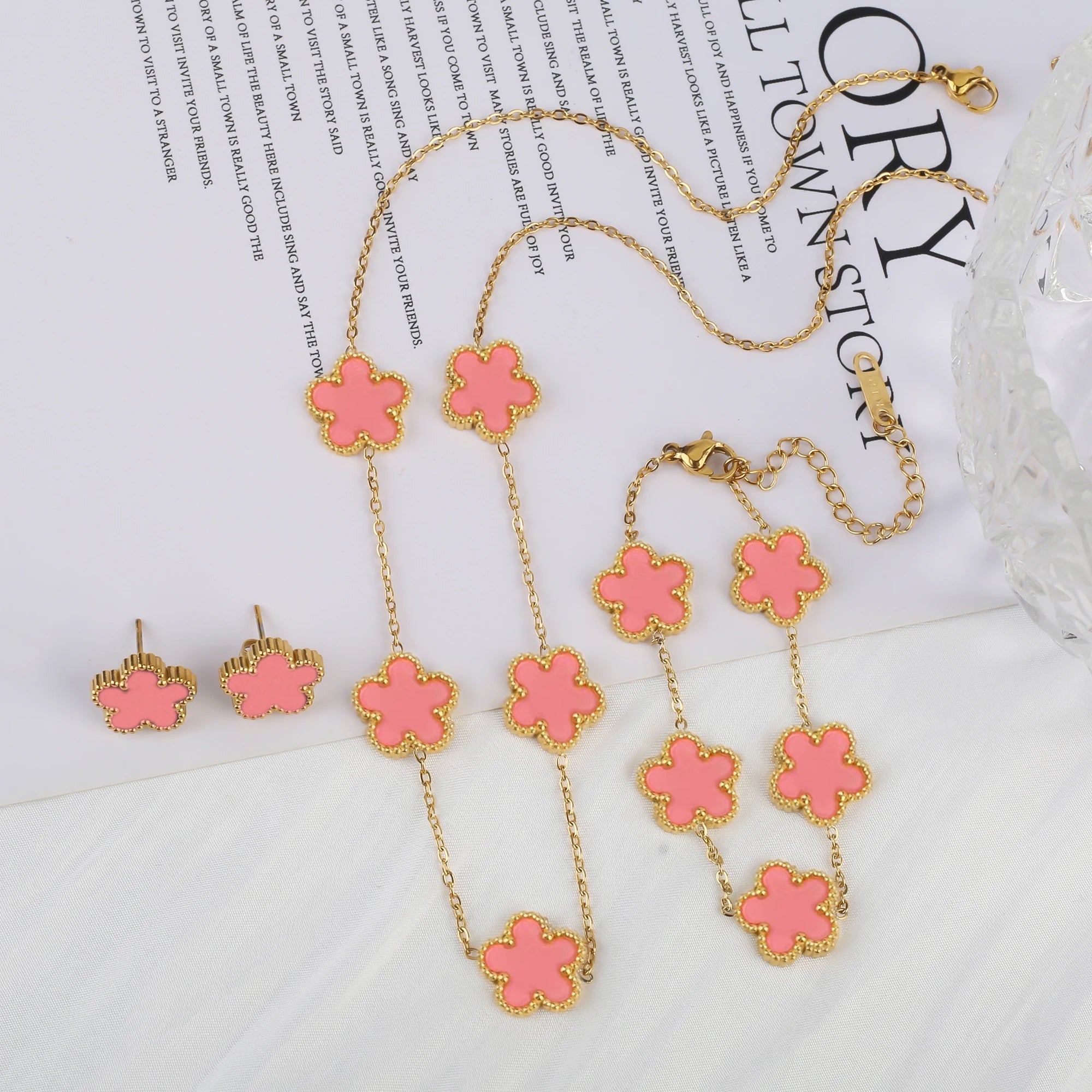 316 Stainless Steel Flower Five Leaf Necklace Bracelet Earrings 18K Gold Plated Jewelry Set