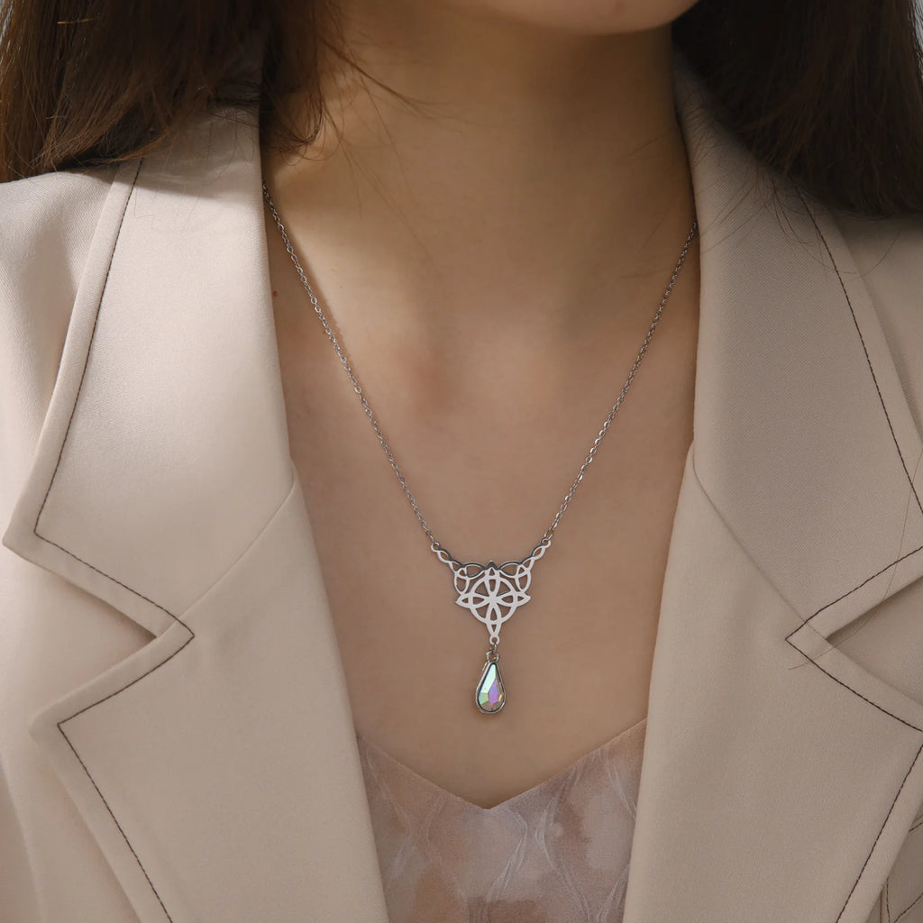 Witch Knot Necklace For Women Stainless Steel Hollow Celtic Knot Crystal Pendant Necklace