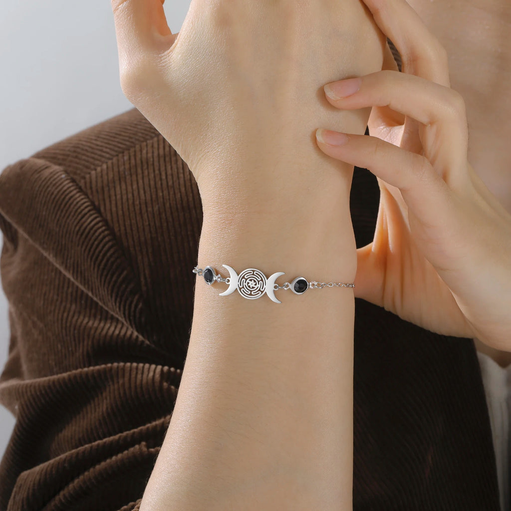 Triple Moon Goddess Bracelet for Women Hecate Wheel Adjustable Black Rope Bracelet Wiccan Pagan Jewelry Gift