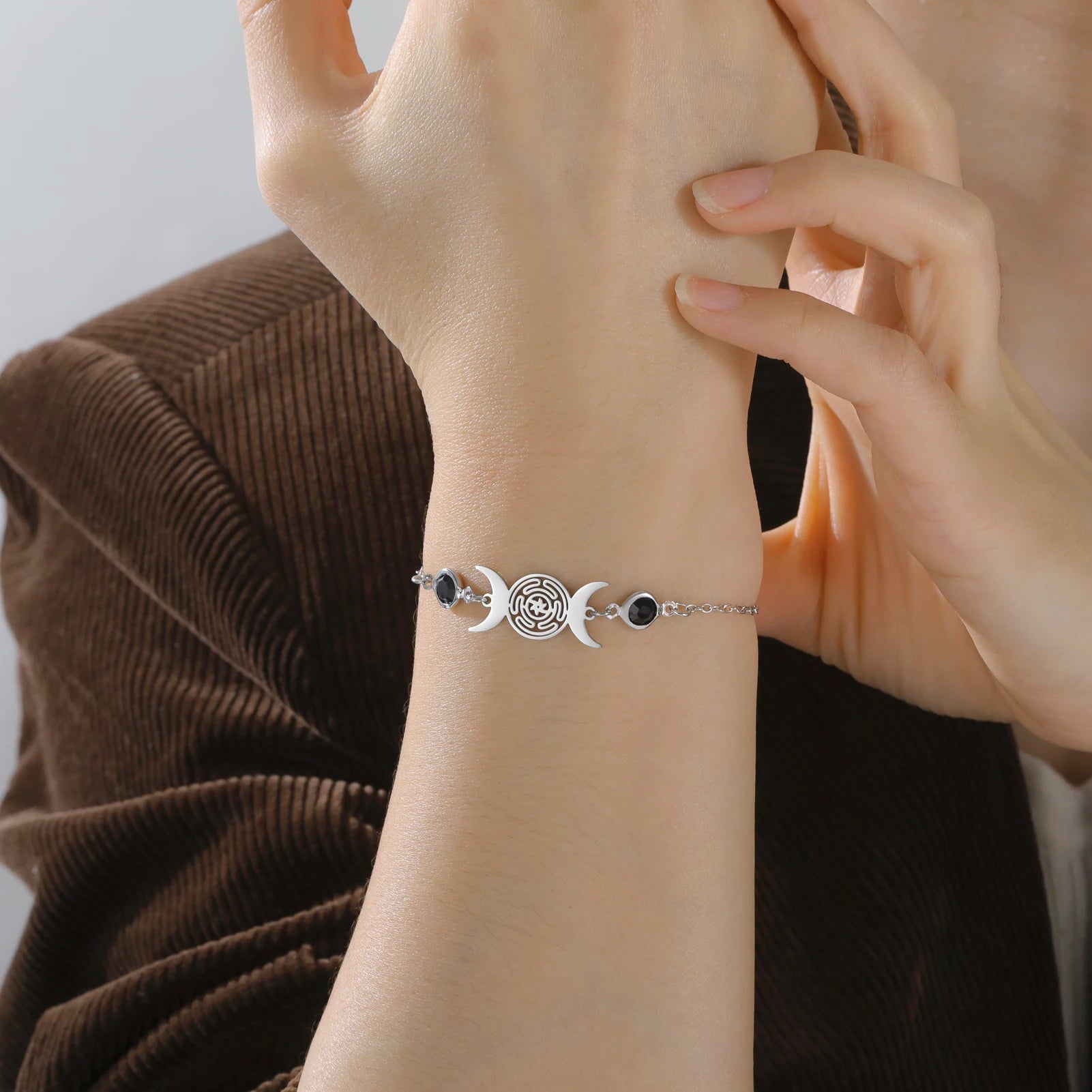 Triple Moon Goddess Bracelet for Women Hecate Wheel Adjustable Black Rope Bracelet Wiccan Pagan Jewelry Gift