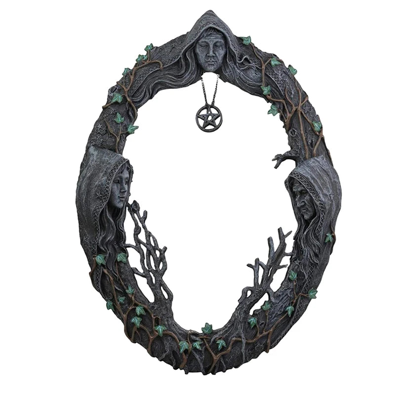 Celtic Sacred Moon Triple Goddess Mother Maiden Crone Wall Hanging Mirror With Pentagram Amulet Pendant Plaque Decor