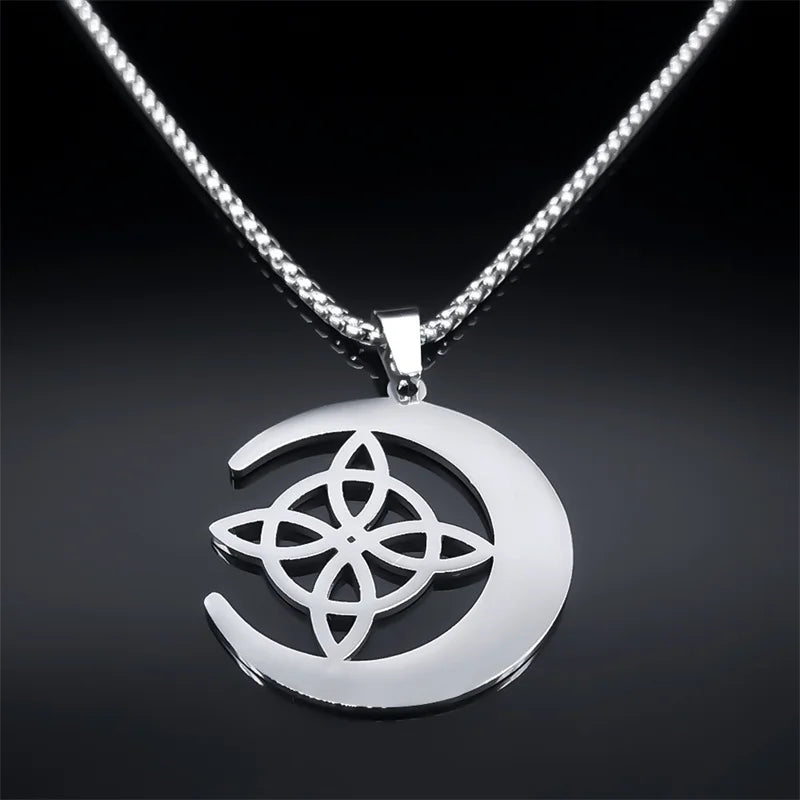 Crescent Celtic Irish Knot Necklaces Stainless Steel Witch Moon Amulet Protection with Chain Necklace