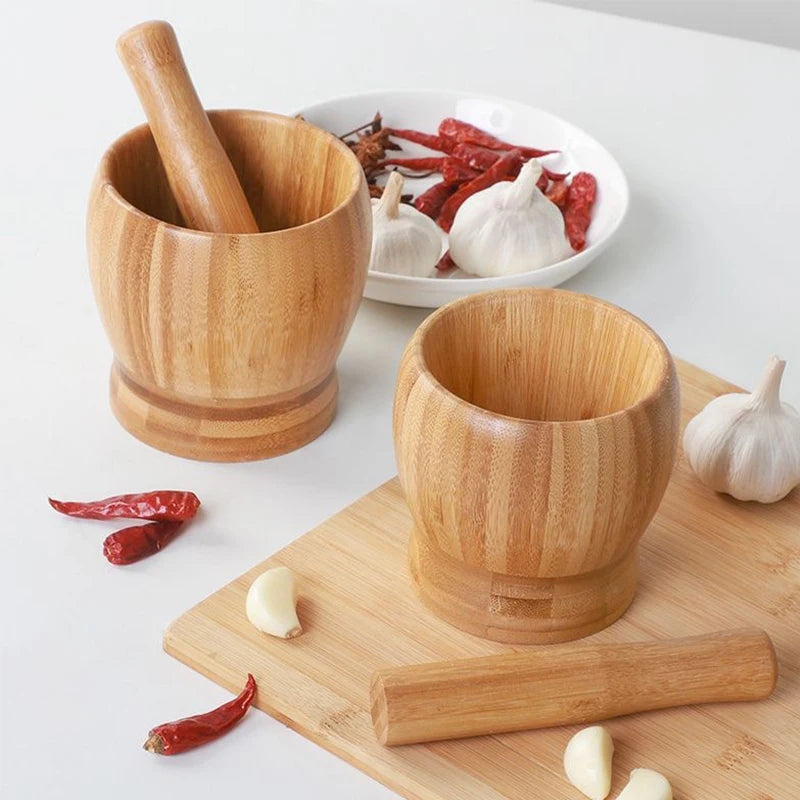 Traditional Bamboo Mortar and Pestle Set Garlic Grinder Herb Spice Masher Seasoning Crusher Kitchen Tool for Mash Spices Pepper Witchcraft Rituals