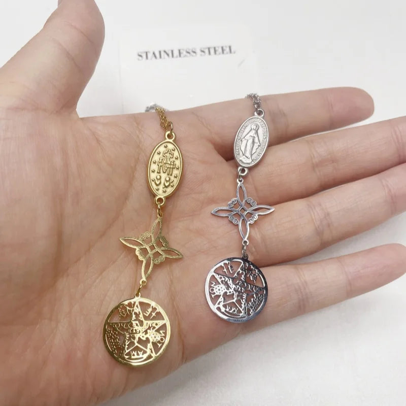 Triple Amulets Protection Necklaces for Women Witch Knot Pentagram Tetragrammaton St. Benedict Stainless Steel Jewerly Gift