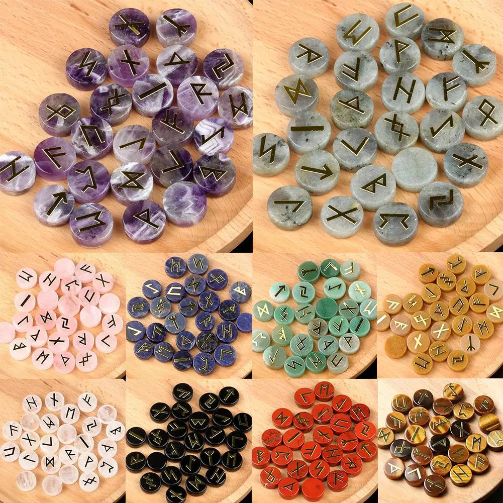 25Pcs/Set Natural Crystal Agate Rune Stones Divination Meditation Rituals Witchcraft