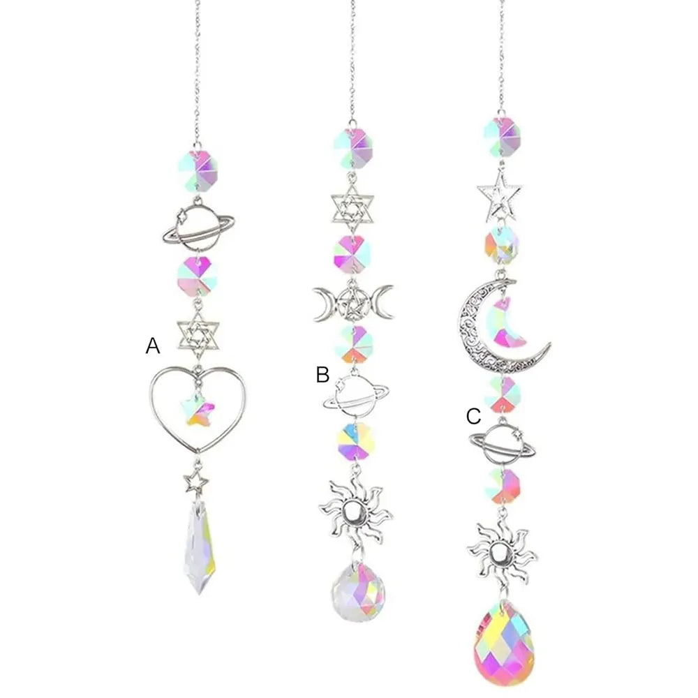 Crystal Sun Catcher Wind Chime Triple moon Star of David Planet Reiki Chakra