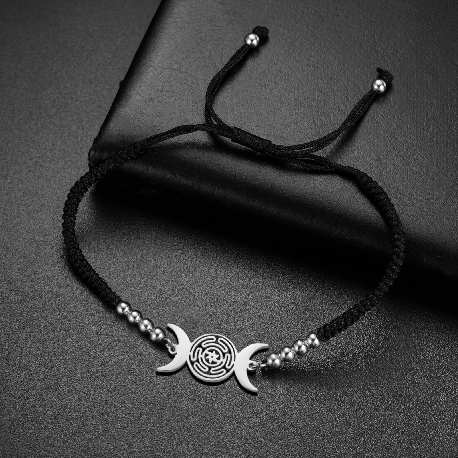 Triple Moon Goddess Bracelet for Women Hecate Wheel Adjustable Black Rope Bracelet Wiccan Pagan Jewelry Gift