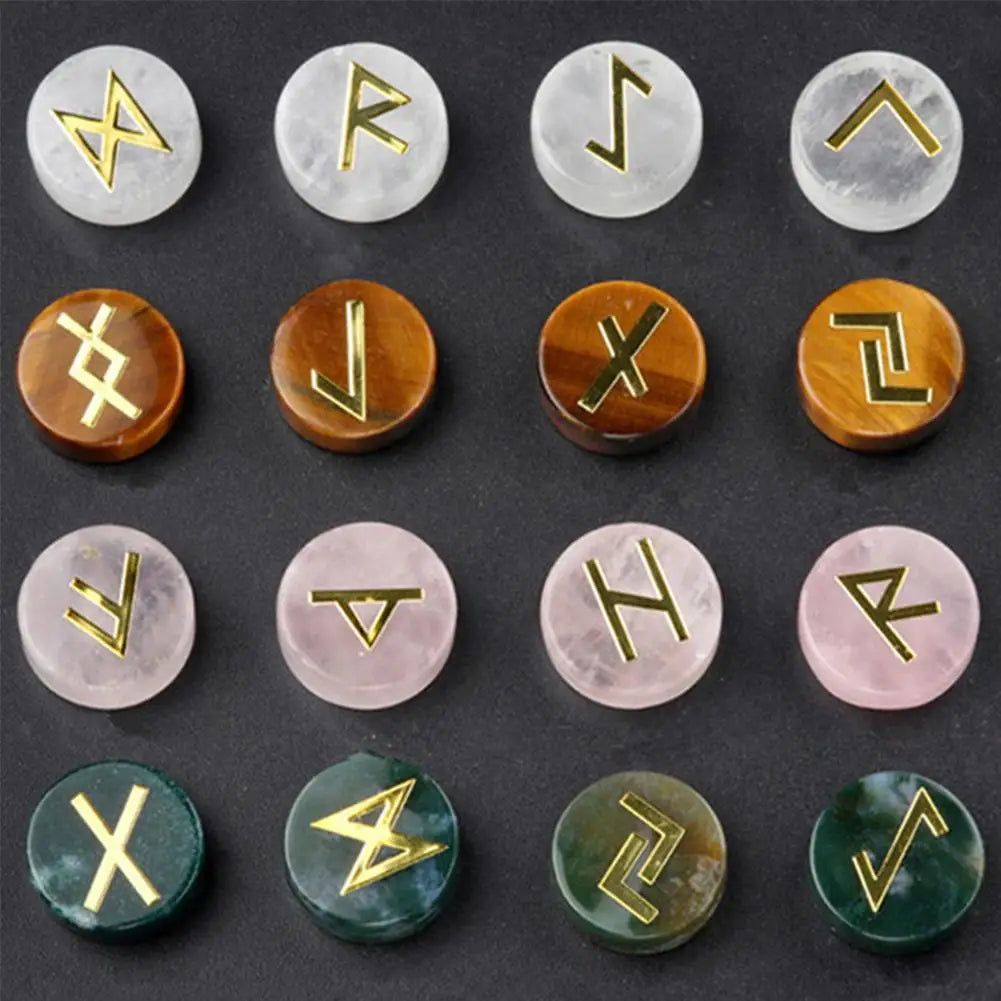 25Pcs/Set Natural Crystal Agate Rune Stones Divination Meditation Rituals Witchcraft