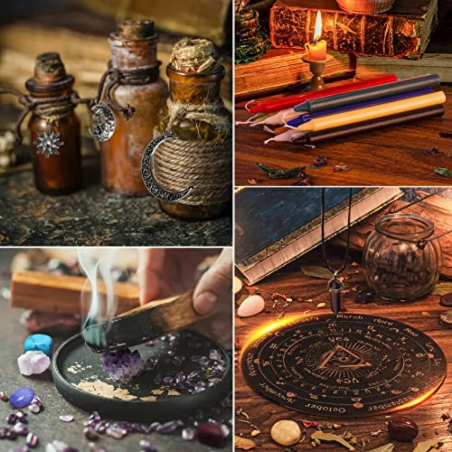 All in One Witchcraft Spell Kit 88 PCS - Include Herbs Crystals Candle Amethyst Pendulum Witch Bells Witch Rituals