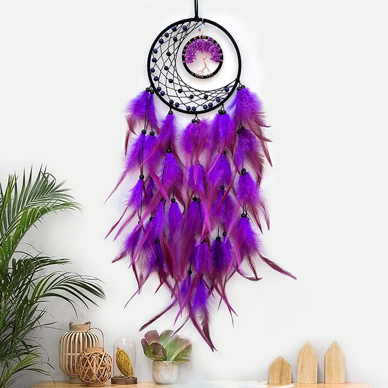 Nordic Tree Of Life Crystal Wall Hanging Dream Catcher Hand-woven with Feathers