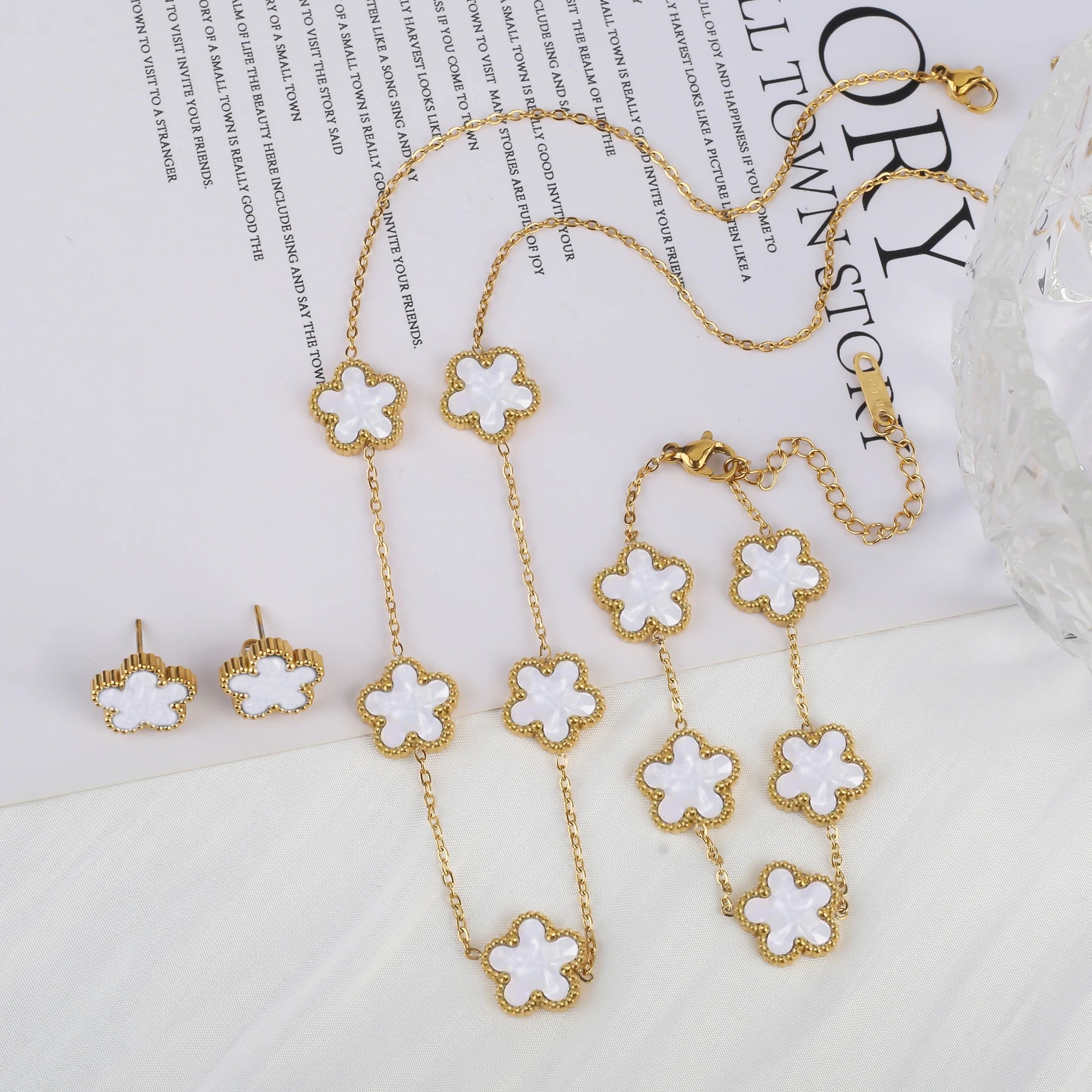316 Stainless Steel Flower Five Leaf Necklace Bracelet Earrings 18K Gold Plated Jewelry Set