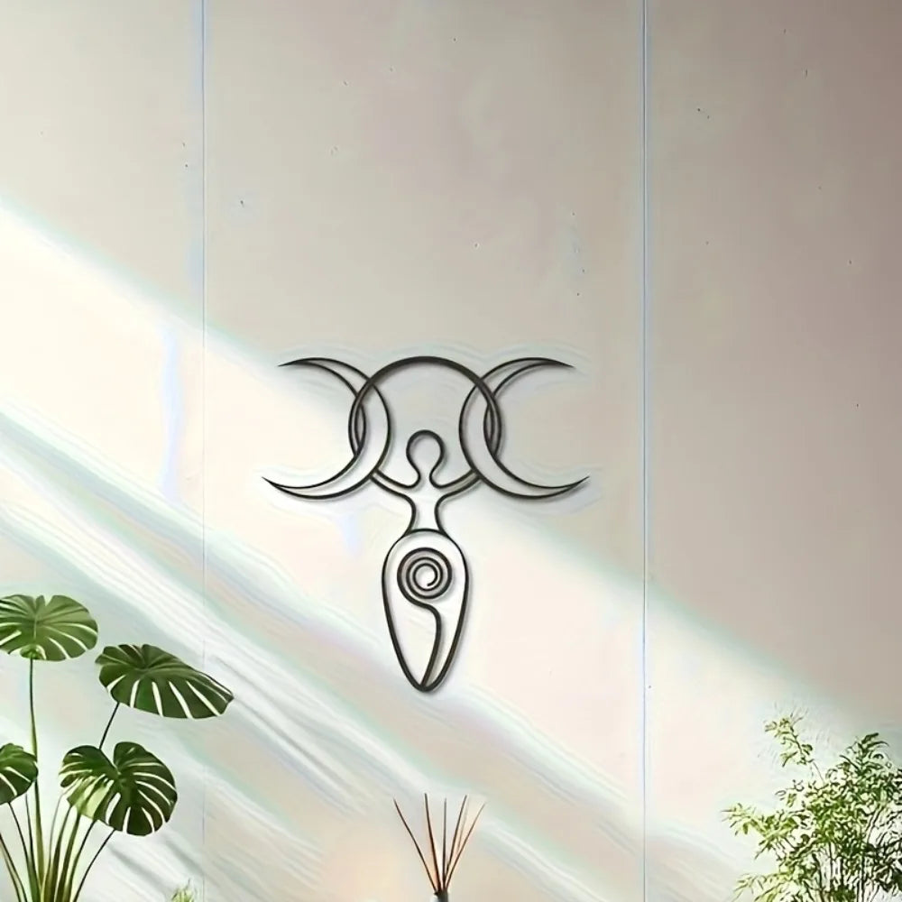Triple Moon Metal Wall Art Sculpture Goddess Hanging Decor for Yoga Room Rustic Iron Statue 15.7x15 Inch Witchcraft Ritual