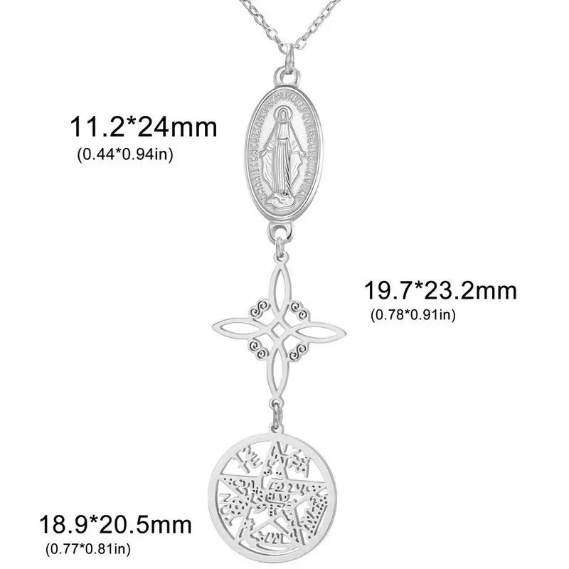 Triple Amulets Protection Necklaces for Women Witch Knot Pentagram Tetragrammaton St. Benedict Stainless Steel Jewerly Gift