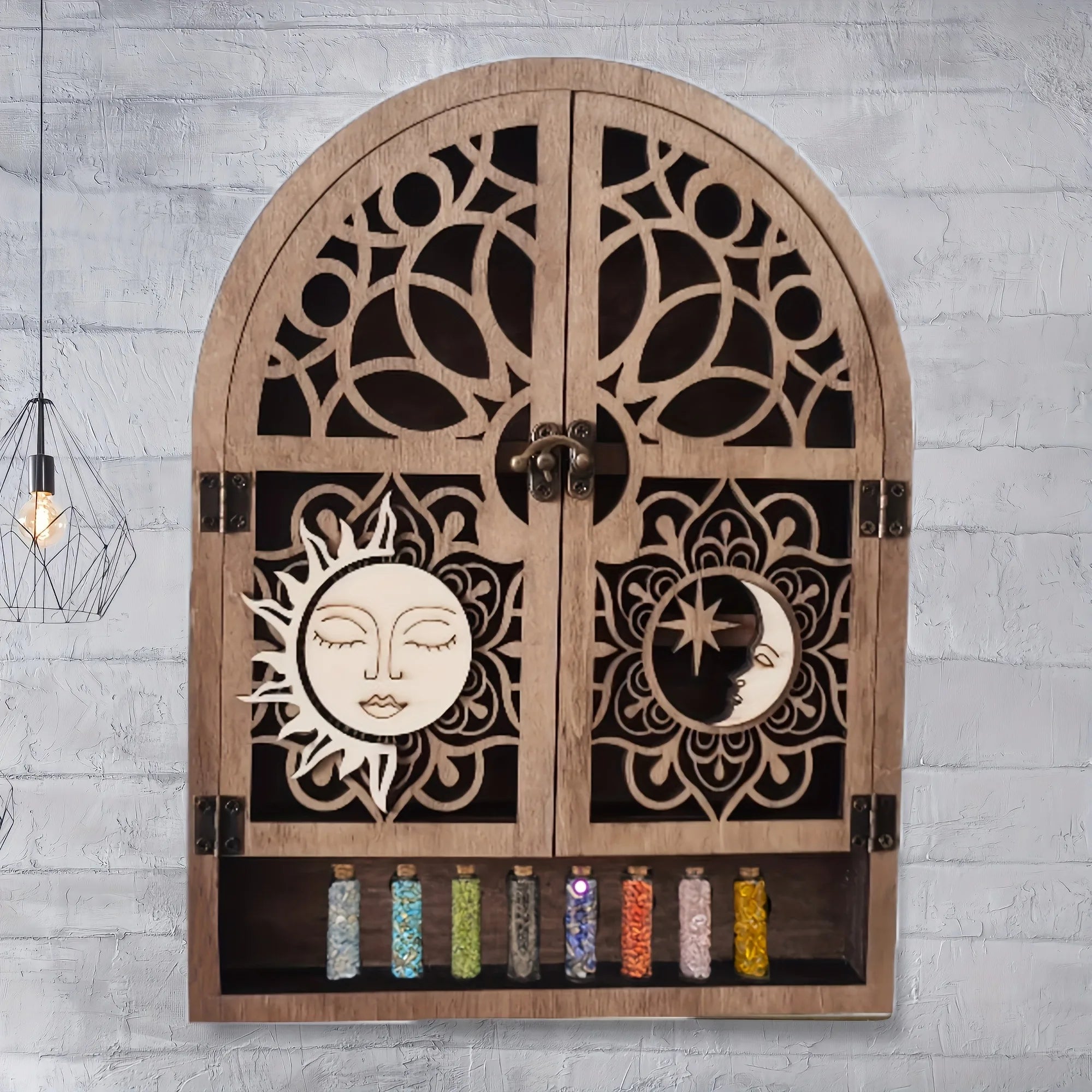 Vintage Wooden Floating Shelves With Sun And Moon Design, Wall Hanging Storage For Crystals