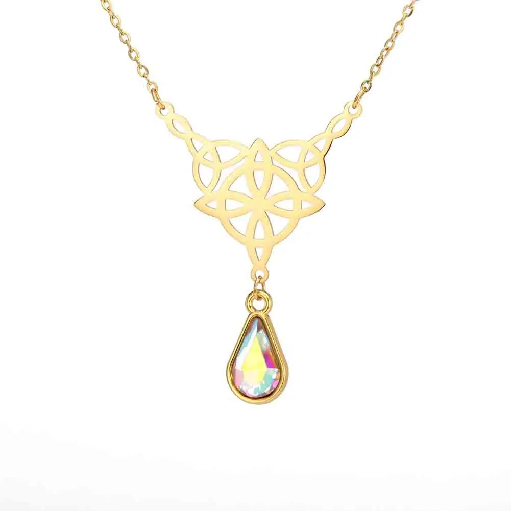 Witch Knot Necklace For Women Stainless Steel Hollow Celtic Knot Crystal Pendant Necklace