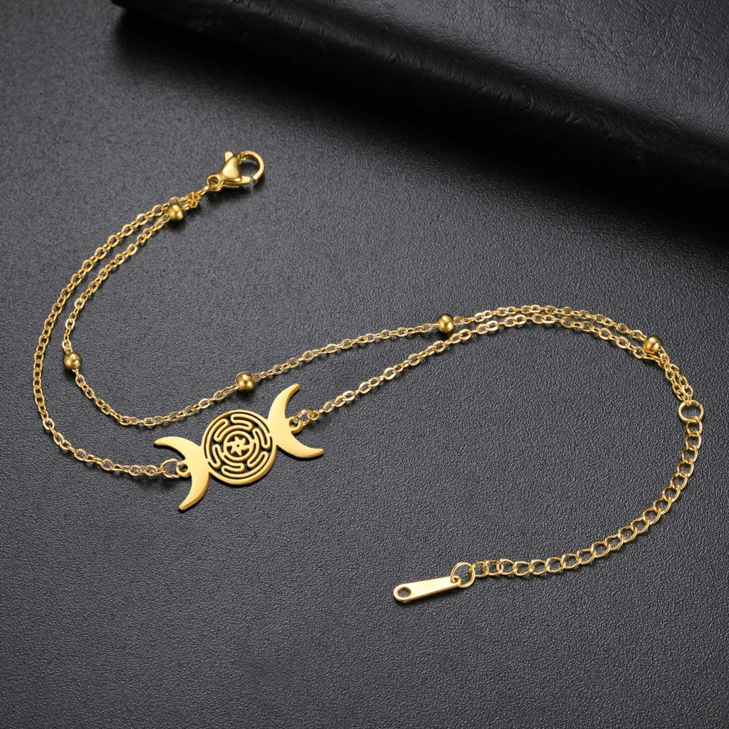 Triple Moon Goddess Bracelet for Women Hecate Wheel Adjustable Black Rope Bracelet Wiccan Pagan Jewelry Gift